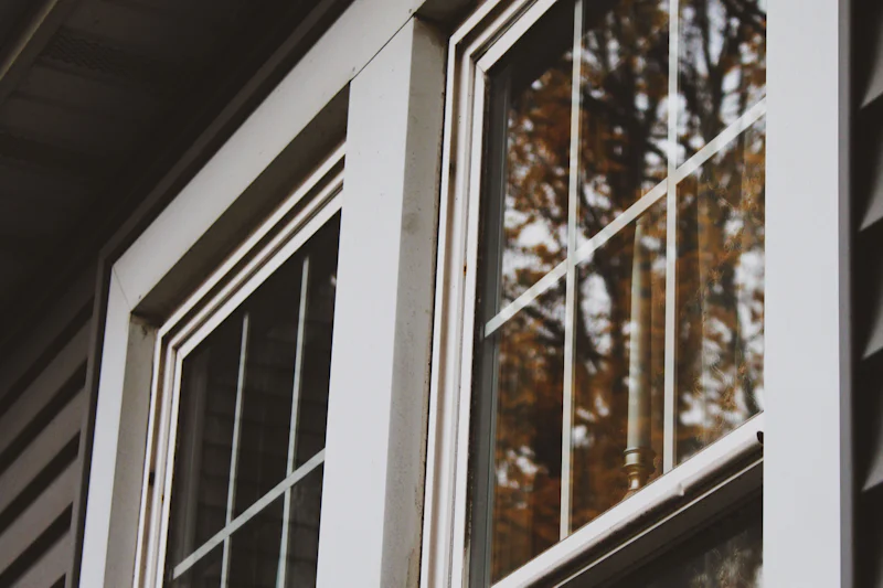 Two white double-hung windows with grilles set in dark lap siding
