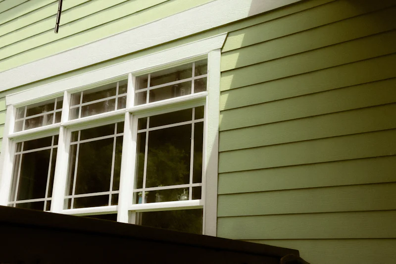 Green lap siding with white-trimmed windows